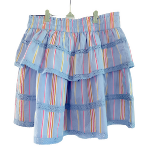 CROWN & IVY Striped Blue Skirt Crochet Lace Trim Tiered Preppy Mini - Sz L - NWT